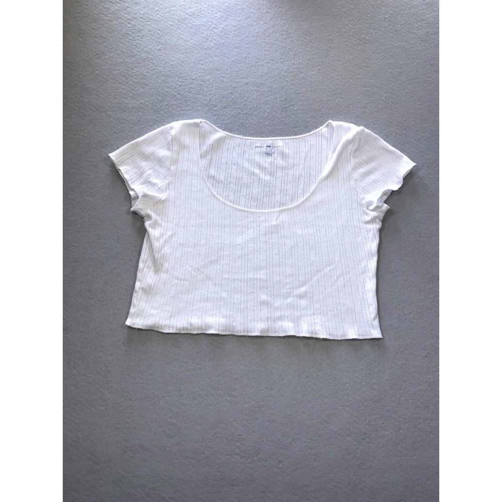 Brandy Melville White Pointelle Crop Top Baby Tee Scoop Neck One Size